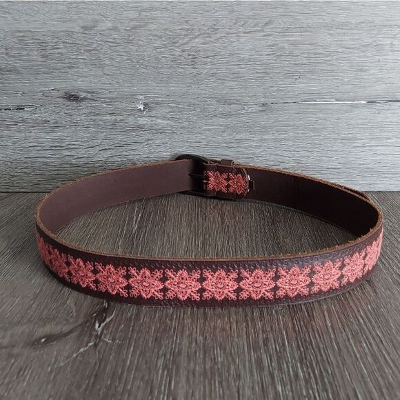 Lucky Brand Bohemian Brown Leather Embroidered Belt with Stamped Edging Small - Picture 2 of 6